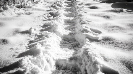 Footpath in snow showing compressed textures, surrounding untouched powder, and long winter shadowsの素材