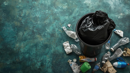Open trash can with black bag inserted, surrounded by empty recyclables, representing waste sortingの素材