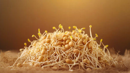 Pile of soybean sprouts with visible roots and yellowish beans isolated on a warm-toned backgroundの素材
