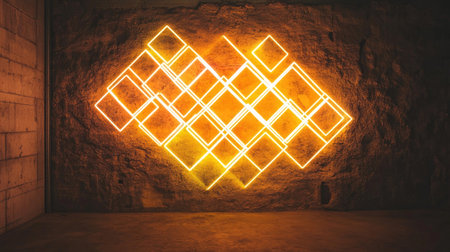 Fluorescent lights forming geometric patterns while hanging in front of a textured wallの素材