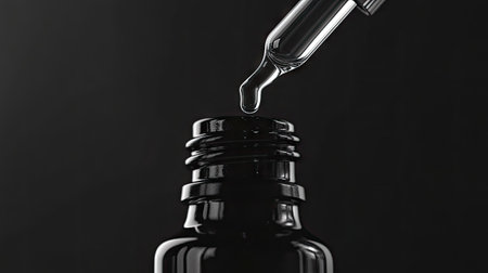 Essential oil bottle with a dropper, mid-drop, captured in motion over the bottle mouthの素材