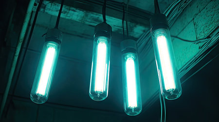 Hanging fluorescent bulbs glowing in the dark with visible wiring and soft ambient shadowsの素材