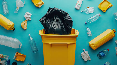 Open trash can with black bag inserted, surrounded by empty recyclables, representing waste sortingの素材