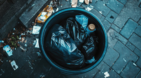 Overhead view of an open trash bin with black garbage bag partially filled with crumpled paper wasteの素材