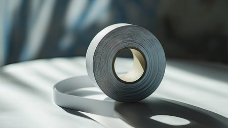 Macro shot of a roll of tape standing vertically on a light tabletop, emphasizing circular formの素材