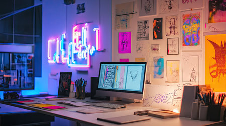 Neon sign design mockups displayed on a whiteboard with color swatches and typography sketches in a creative studioの素材