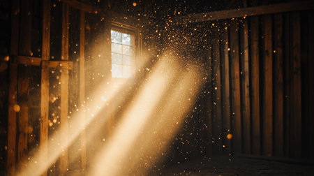 Narrow beams of sunlight highlighting dust particles in a rustic barn with wooden textures in the backgroundの素材