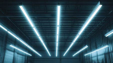 Neon-white fluorescent lights suspended from a high ceiling in a dimly lit warehouseの素材