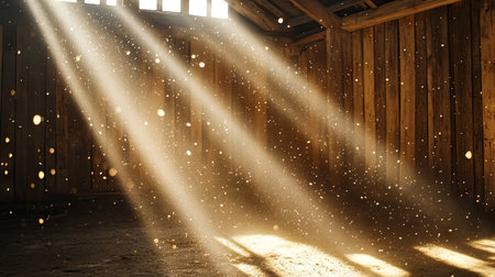 Narrow beams of sunlight highlighting dust particles in a rustic barn with wooden textures in the backgroundの素材
