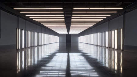 High-tech setup with fluorescent bulbs forming a grid above a sleek reflective floorの素材