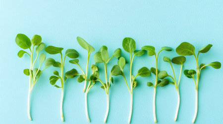 Isolated group of soybean sprouts with green leaves emerging, placed on a pale blue backgroundの素材