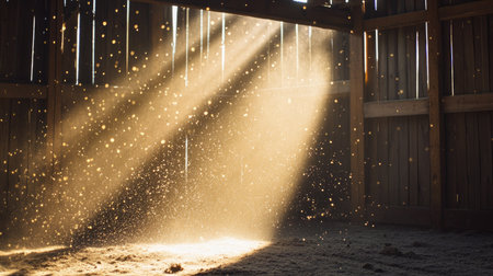 Narrow beams of sunlight highlighting dust particles in a rustic barn with wooden textures in the backgroundの素材