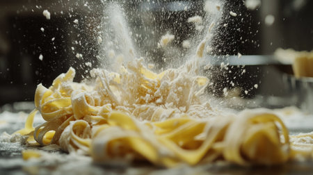 Pasta dough being cut into ribbons, flour flying in the air and covering the work surfaceの素材