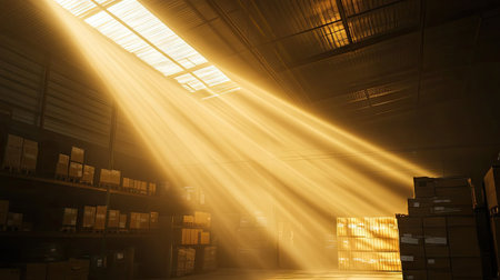 Morning light filtering into a warehouse, capturing atmospheric dust in sharp, glowing beamsの素材