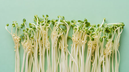 Isolated soybean sprouts arranged neatly on a pastel green background for a clean, modern organic food conceptの素材