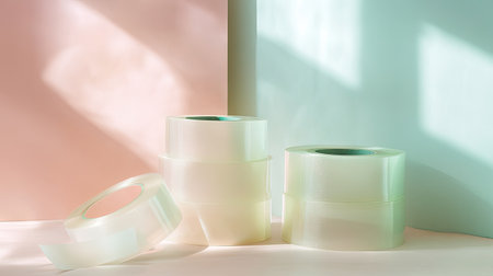 Multiple stacked rolls of clear tape on a light pastel surface with soft directional lightingの素材