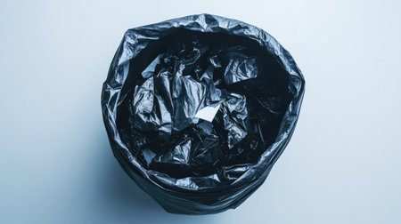 Overhead view of an open trash bin with black garbage bag partially filled with crumpled paper wasteの素材