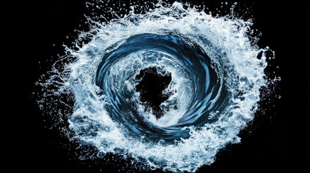 Powerful whirlpool underwater creating a circular motion with foam and bubbles swirling rapidlyの素材