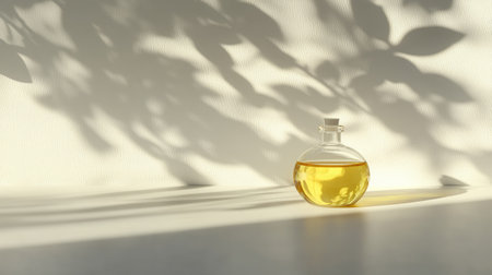 Scene with an open essential oil bottle and a drop of oil reflecting light, on a clean backgroundの素材