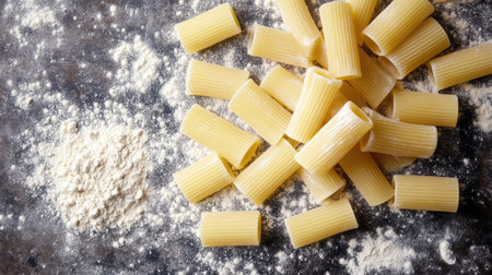Raw rigatoni and flour scattered on a vintage baking tray, creating a textured Italian food conceptの素材