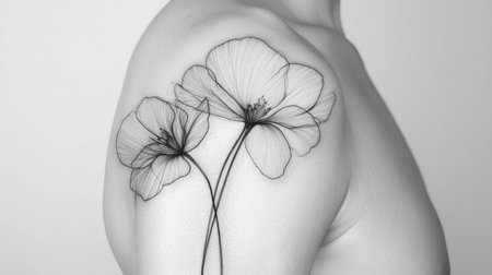 Simplified flower tattoo on the upper arm, line-drawn with no shading, styled in an airy, modern lookの素材