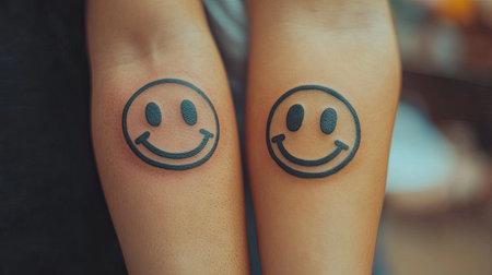Simplified matching tattoos of smiley faces on two friends' arms, with hands held side by sideの素材