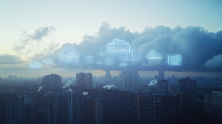 Smart city skyline with cloud computing icons hovering above buildings, representing IoT integrationの素材