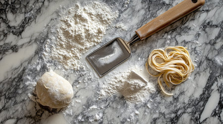 Spaghetti and flour with kitchen tools like a pasta wheel and dough scraper on a floured marble counterの素材