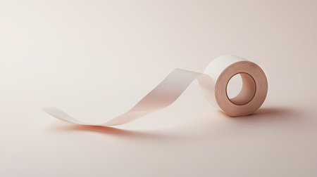 Roll of tape with a slight pull of tape extending outward, placed on a pale, matte backgroundの素材