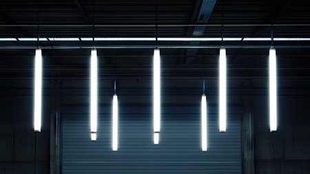 Several fluorescent light bulbs hanging vertically from the ceiling against a dark industrial backgroundの素材