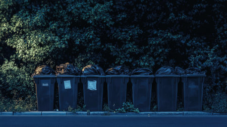 Row of open trash cans, black bags inside, arranged on a curbside for garbage collectionの素材