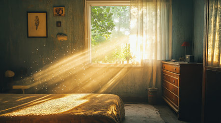 Soft ambient rays illuminating floating dust in a quiet, nostalgic childhood bedroomの素材