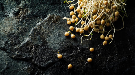 Soybean sprouts isolated on a black stone background with dramatic shadows to enhance textureの素材