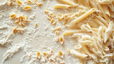 Variety of uncooked pasta types including penne, fusilli, and tagliatelle scattered on a floured surfaceの素材
