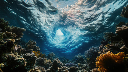 Underwater vortex forming near coral reef with suspended particles and vibrant marine colorsの素材