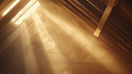 Shafts of light breaking through attic beams with visible dust motes swirling in the warm glowの素材