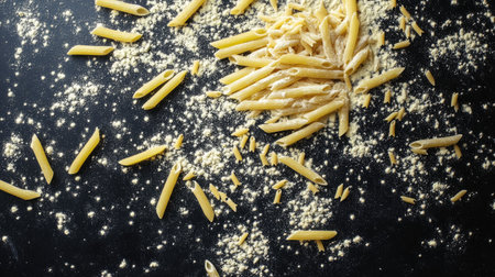 Variety of uncooked pasta types including penne, fusilli, and tagliatelle scattered on a floured surfaceの素材