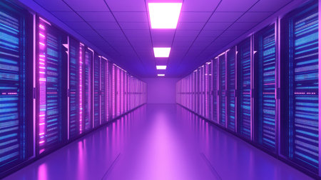 Server room with overlay of cloud computing icons and digital data transfer pathsの素材