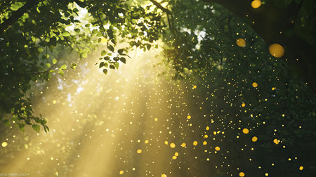 Sunlight filtering through forest canopy with visible particles of pollen and dust glowing midairの素材