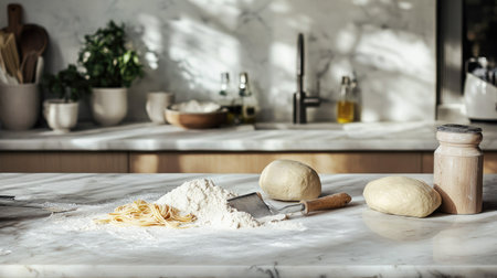 Spaghetti and flour with kitchen tools like a pasta wheel and dough scraper on a floured marble counterの素材