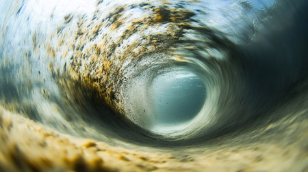 Underwater view of a vortex in a river or stream, spinning up sand and sediment in motionの素材