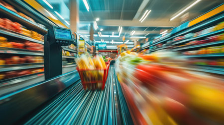 View from the cashier's perspective of groceries moving down a checkout conveyor belt with a barcode scanner nearbyの素材