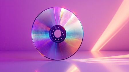 Vividly lit CD on a purple background with light flares and gradient hues reflecting outwardの素材