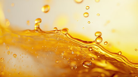 Abstract splash of amber oil with suspended droplets, sharp focus with a smooth soft-toned backgroundの素材