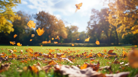 Autumn wind creating a flurry of dry leaves across an open park lawnの素材