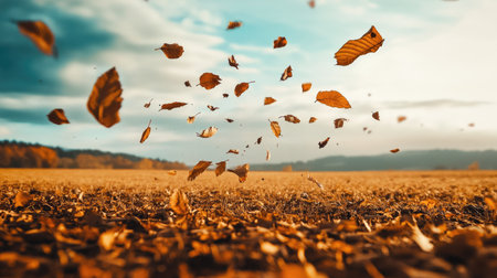 Autumn breeze lifting dry leaves off the ground, scattering them across an empty fieldの素材
