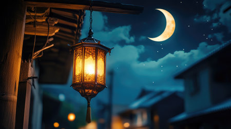 A glowing traditional lantern lamp hanging from a wooden beam under a crescent moon in the night sky, casting warm light on a quiet streetの素材