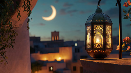 A vintage brass lantern glowing warmly on a balcony, crescent moon rising above a peaceful Middle Eastern townの素材