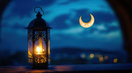 A decorative lantern lamp on a windowsill glowing against a deep blue night sky with a glowing crescent moonの素材