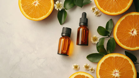 Aromatherapy concept with fresh orange and essential oil bottle, styled on a neutral light backdropの素材